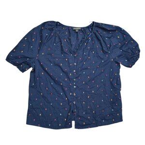 Style & Co Vacay Wovens Womens Ikat Blue Button-Up Blouse XL Cotton Short Sleeve